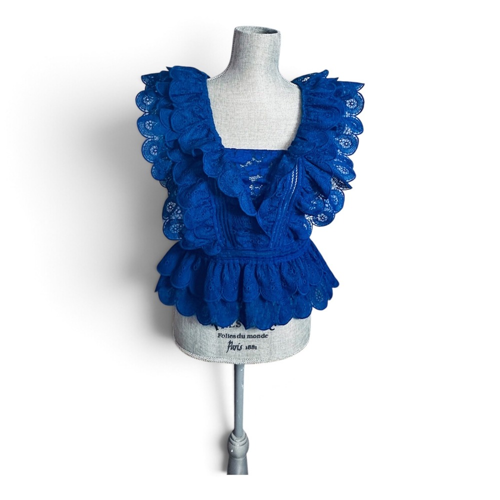 Valentine Blue Broderie Anglaise Eyelet Lace Ruffle Peplum Blouse Top, Large